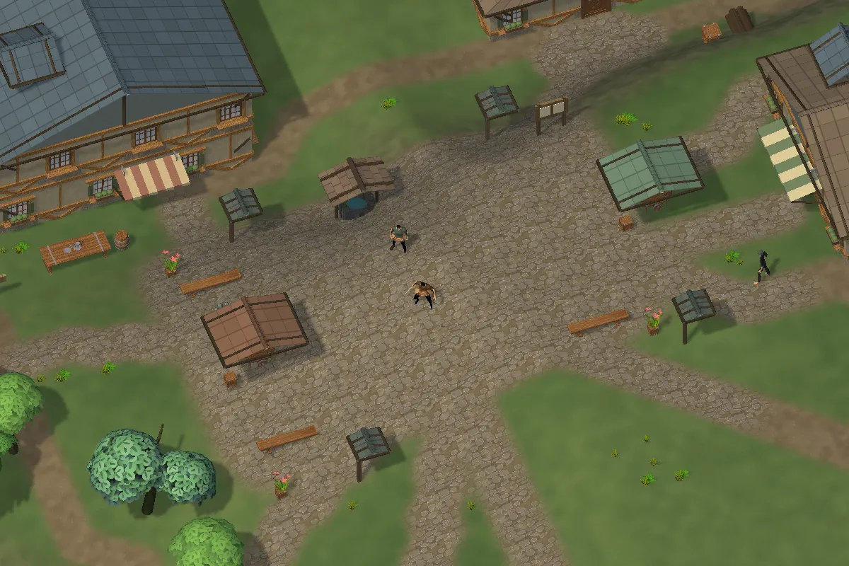 The cobbled village square on Firstlight Isle, with timber houses, market stalls, and adventurers.